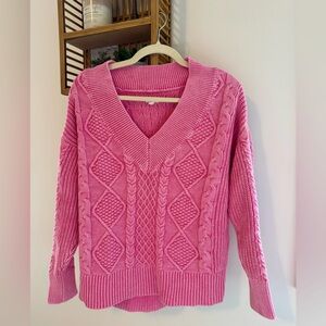 Aerie Pink V-Neck Cable Knit Sweater